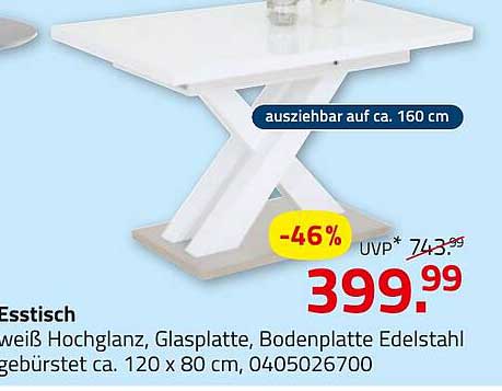 Esstisch weiß Hochglanz mit Glasplatte und Edelstahl-Bodenplatte