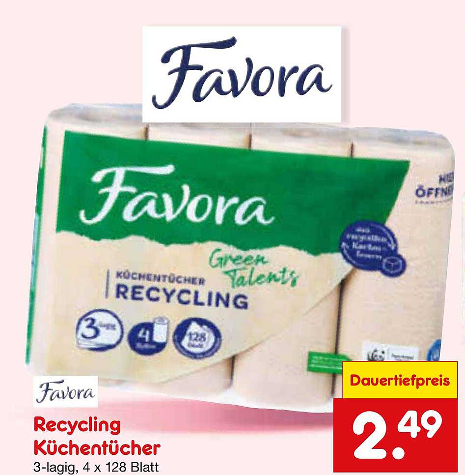Favora Recycling Küchentücher 3-lagig, 4 x 128 Blatt