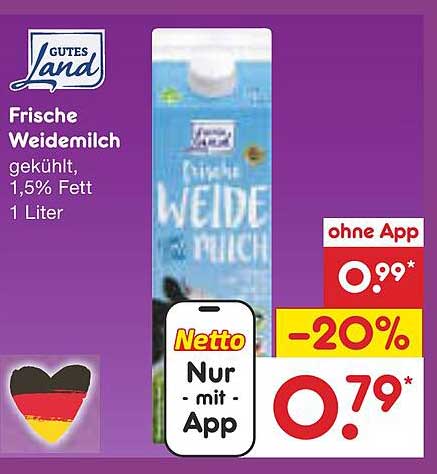 Frische Weidemilch Gutes Land, 1 Liter, 1,5% Fett