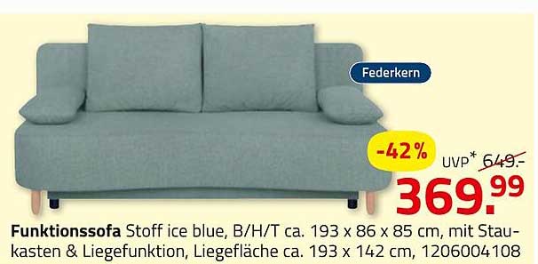 Funktionssofa Stoff ice blue, B/H/T ca. 193 x 86 x 85 cm, mit Stauraum & Liegefunktion