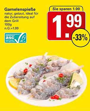 Garnelenspieße natur, getaut, ideal für die Zubereitung auf dem Grill