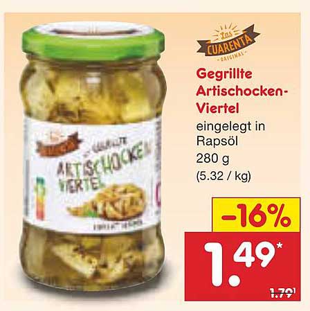 Gegrillte Artischocken-Viertel eingelegt in Rapsöl 280 g