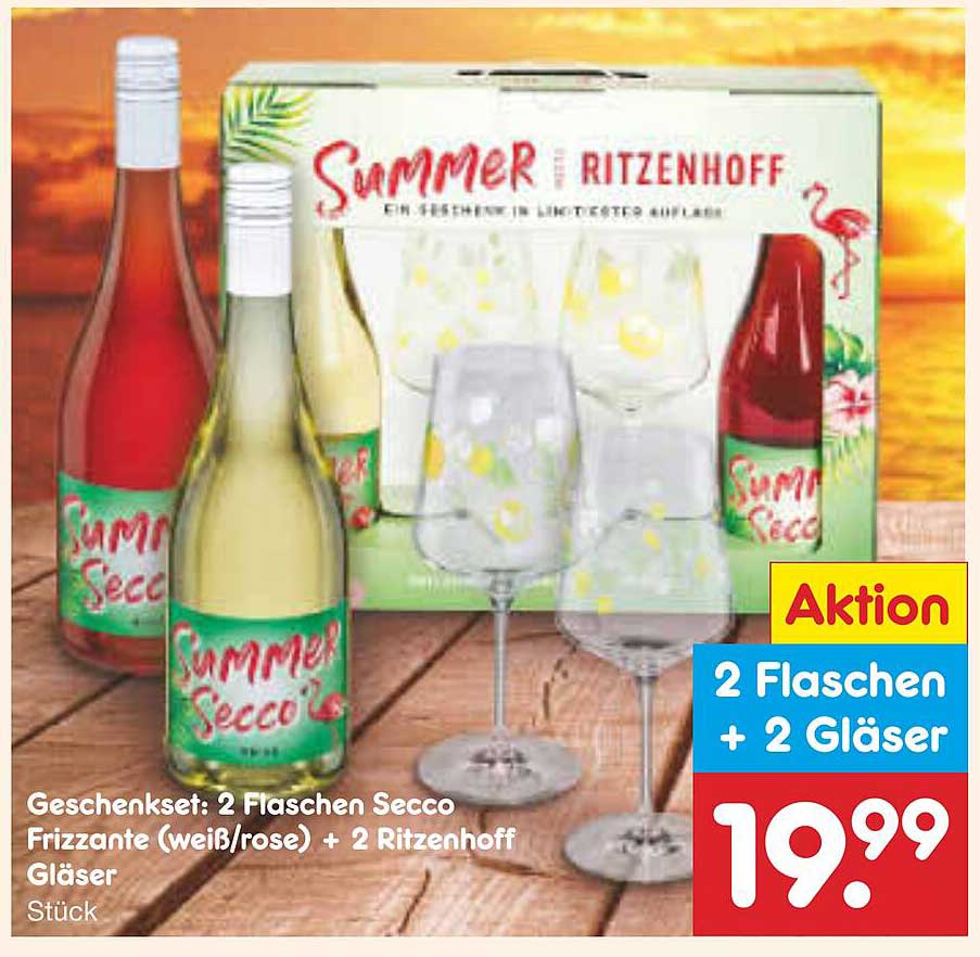 Geschenkset: 2 Flaschen Secco Frizzante (weiß/rose) + 2 Ritzenhoff Gläser