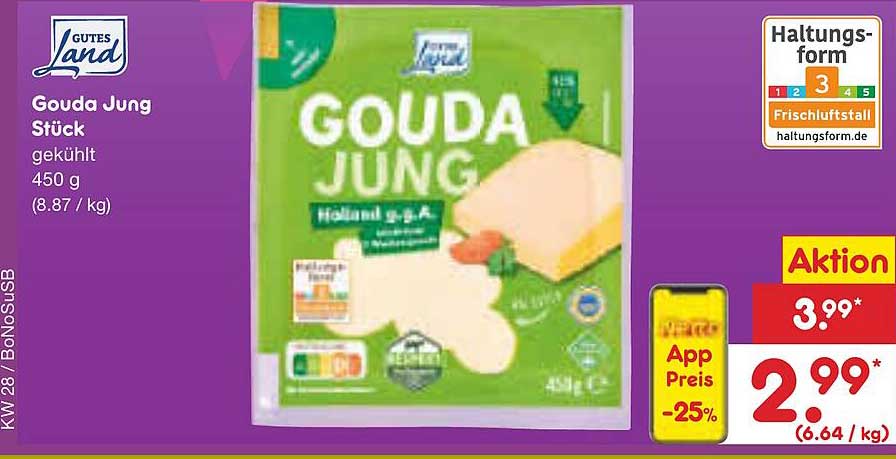 Gouda Jung Stück 450 g - Kühlprodukt von Gut Land