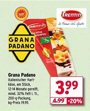 Grana Padano - italienischer Hartkäse, am Stück, 200-g-Packung