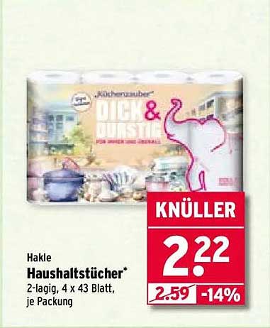 Hakle Haushaltstücher, 2-lagig, 4 x 43 Blatt, je Packung