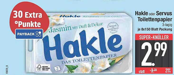 Hakle oder Servus Toilettenpapier 3-lagig je 8x150 Blatt Packung