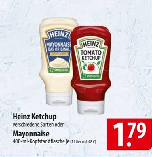 Heinz Ketchup verschiedene Sorten oder Mayonnaise 400-ml-Kopfstandflasche