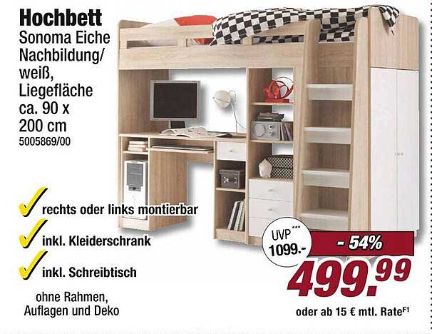 Hochbett Sonoma Eiche Nachbildung/weiß, Liegefläche ca. 90 x 200 cm
