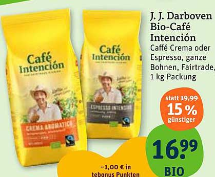 J. J. Darboven Bio-Café Intención – Caffè Crema oder Espresso, ganze Bohnen, Fairtrade, 1 kg Packung