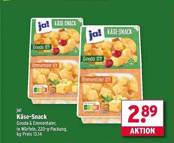 ja! Käse-Snack Gouda & Emmentaler, in Würfeln, 220-g-Packung