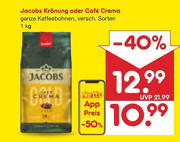 Jacobs Krönung oder Café Crema ganze Kaffee-bohnen, 1 kg
