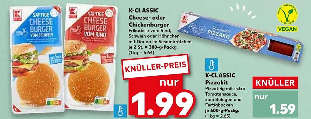 K-CLASSIC Cheese- oder Chickenburger und Pizzakit Angebot