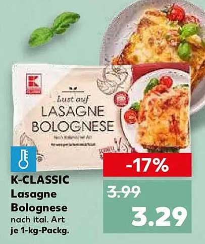 K-CLASSIC Lasagne Bolognese nach ital. Art je 1-kg-Pack.