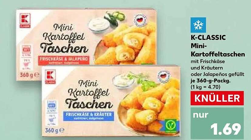 K-CLASSIC Mini-Kartoffeltaschen mit Frischkäse und Kräutern oder Jalapeños 360-g-Pack.