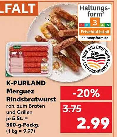 K-PURLAND Merguez Rindsbratwurst - roh, zum Braten und Grillen