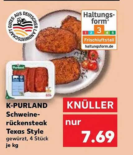 K-PURLAND Schweine-Rückensteak Texas Style, gewürzt, 4 Stück je kg