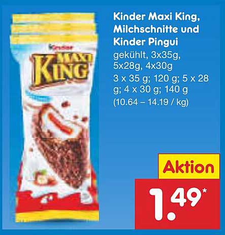 Kinder Maxi King, Milchschnitte und Kinder Pingui