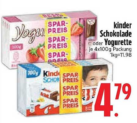 kinder Schokolade oder Yogurette je 4x100g Packung