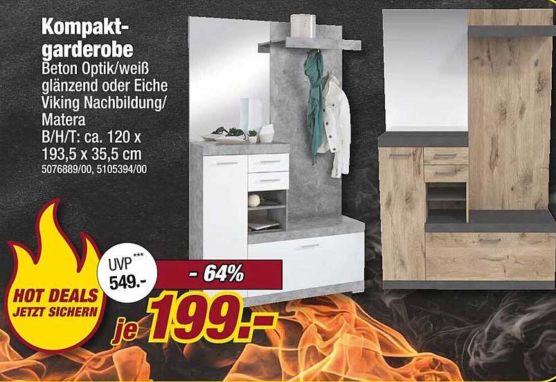 Kompaktgarderobe Beton Optik/weiß glänzend oder Eiche