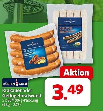 Krakauer oder Geflügelbratwurst 5 x 80/400-g-Packung (1 kg = 8,73)