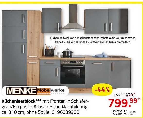 Küchenleerblock mit Fronten in Schiefergrau und Korpus in Artisan Eiche Nachbildung