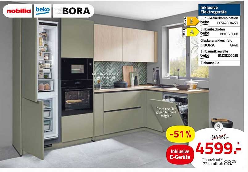 Küchenzeile mit hochwertigen Elektrogeräten von Beko und Bora
