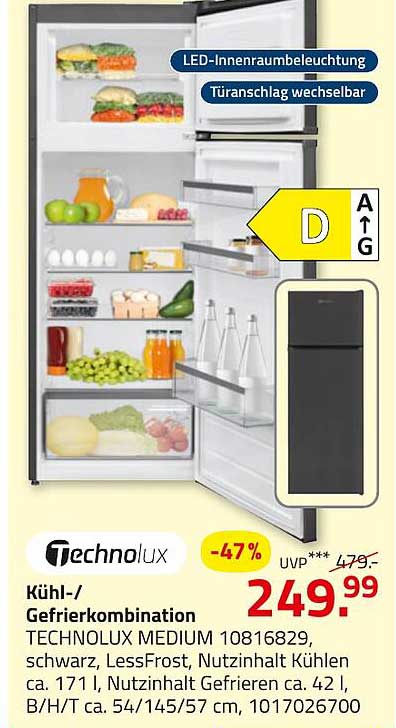 Kühl-/Gefrierkombination TECHNOLUX MEDIUM 10816829 schwarz