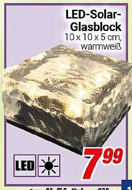 LED-Solar-Glasblock 10 x 10 x 5 cm, warmweiß