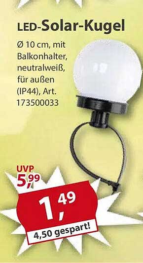 LED-Solar-Kugel Ø 10 cm, mit Balkonhalter, neutralweiß, für außen (IP44), Art. 173500033