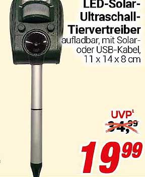 LED-Solar-Ultraschall-Tiervertreiber aufladbar, mit Solar- oder USB-Kabel
