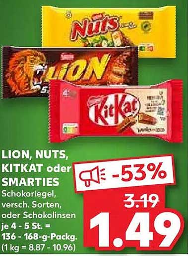 LION, NUTS, KITKAT oder SMARTIES - Schokoriegel