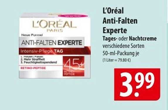 L’Oréal Anti-Falten Experte Tages- oder Nachtcreme 50-ml-Packung