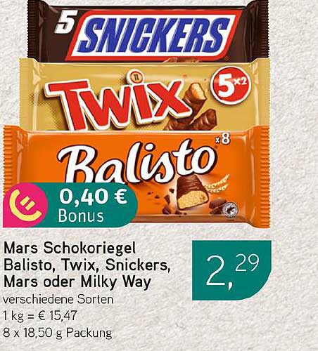 Mars Schokoriegel Balisto, Twix, Snickers, Mars oder Milky Way