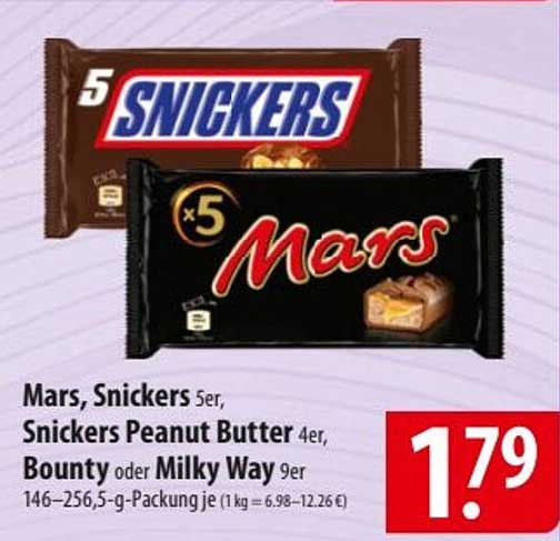 Mars, Snickers 5er, Snickers Peanut Butter 4er, Bounty oder Milky Way 9er