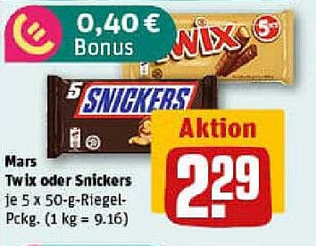 Mars Twix oder Snickers je 5 x 50-g-Riegel-Pckg.
