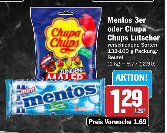 Mentos 3er oder Chupa Chups Lutscher verschiedenen Sorten 132-100 g Packung/Beutel