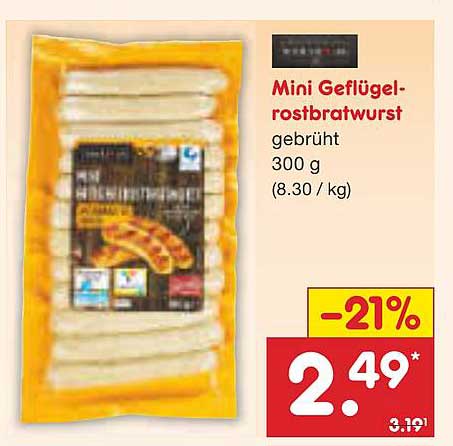 Mini Geflügel-Rostbratwurst gebrüht 300 g (8,30 €/kg)