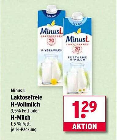 Minus L Laktosefreie H-Vollmilch 3,5 % Fett oder H-Milch 1,5 % Fett, je 1-l-Packung