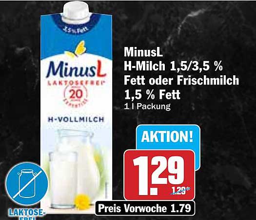 MinusL H-Milch 1,5/3,5 % Fett oder Frischmilch 1,5 % Fett - 1 l Packung