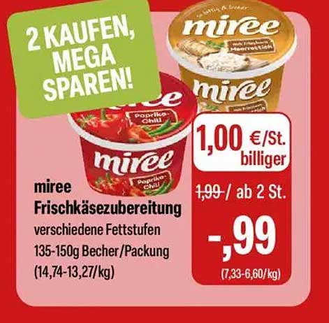 miree Frischkäsezubereitung, verschiedene Fettstufen, 135-150 g, ab 2 Stück für nur 0,99 €