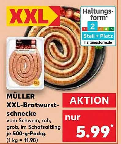MÜLLER XXL-Bratwurstschnecke vom Schwein, roh, grob, im Schafsaitling 500-g-Pack.