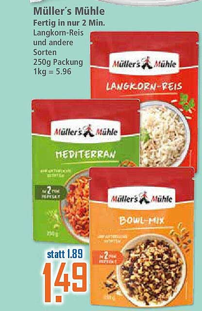 Müller’s Mühle Langkorn-Reis, Mediterran und Bowl-Mix - Fertig in nur 2 Minuten