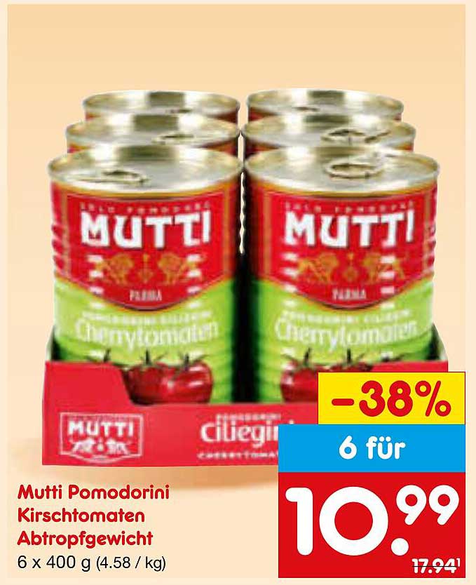 Mutti Pomodorini Kirschtomaten Abtropfgewicht 6 x 400 g