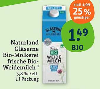 Naturland Gläserne Bio-Molkerei frische Bio-Weidemilch 1 L