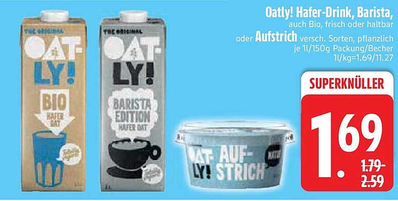 Oatly! Hafer-Drink, Barista, frisch oder haltbar oder Aufstrich