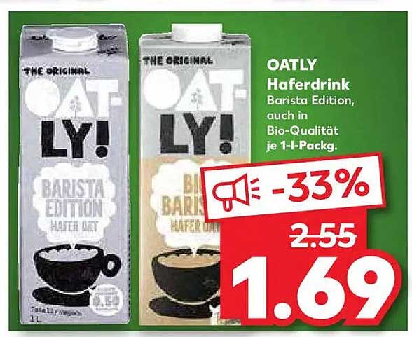 OATLY Haferdrink Barista Edition, auch in Bio-Qualität je 1-L-Pack.
