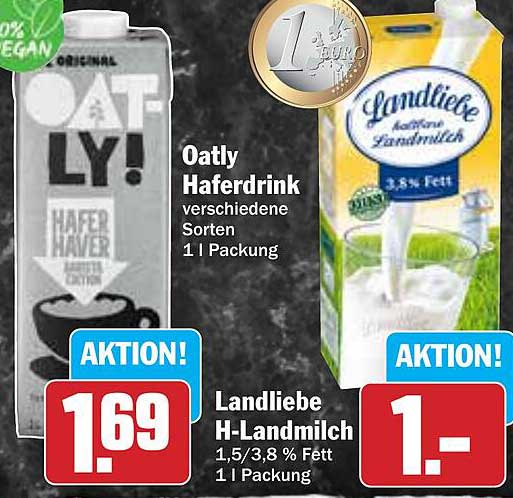 Oatly Haferdrink und Landliebe H-Landmilch im Angebot