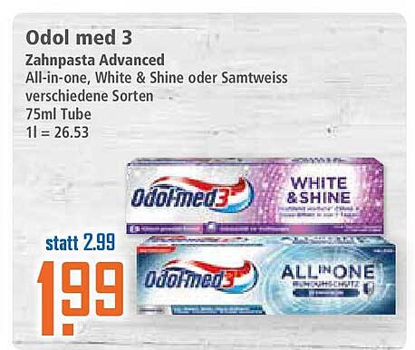 Odol med 3 Zahnpasta Advanced All-in-one, White & Shine oder Samtweiss verschiedene Sorten 75ml Tube