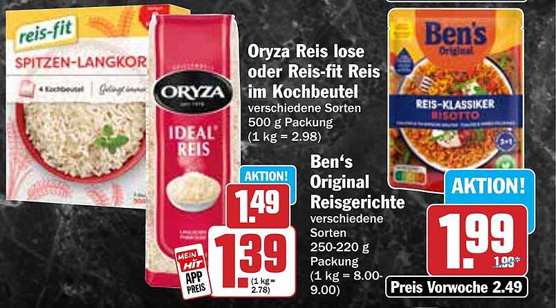 Oryza Reis lose oder Reis-fit Reis im Kochbeutel 500 g / Ben's Original Reiserichte 250-220 g